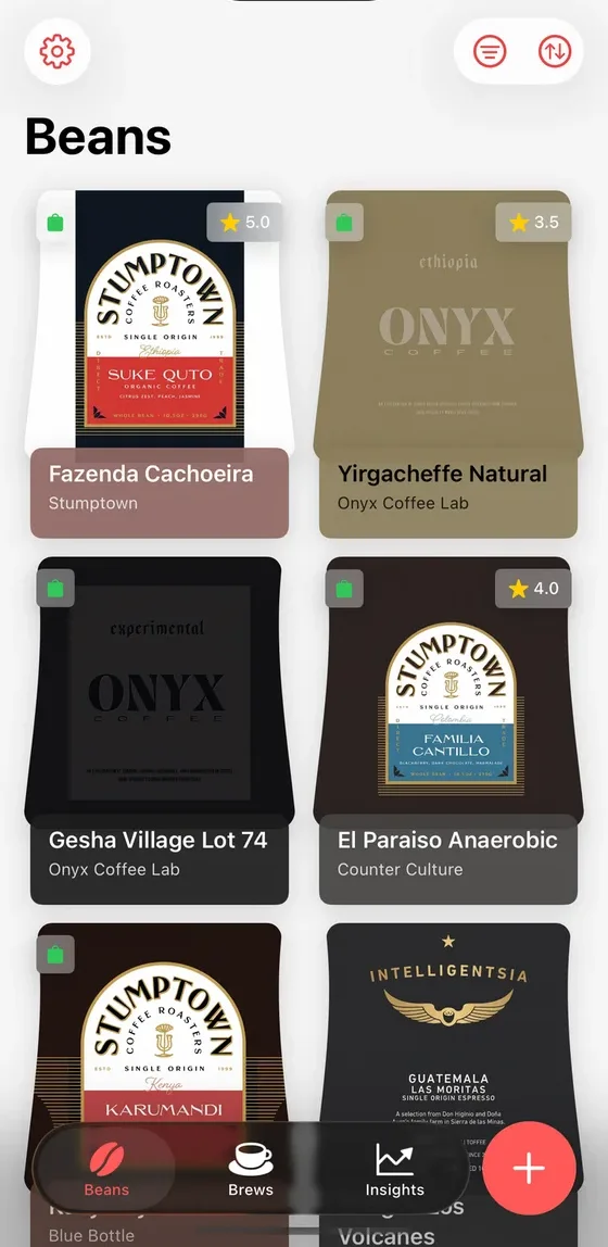 BrewLogica bean library with coffee bags, origins, and ratings.