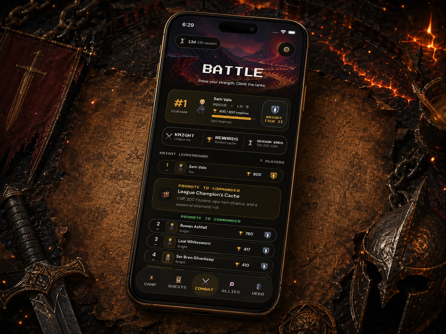 Current Fitscape battle screen showing player rank, league tier, rewards, and leaderboard.