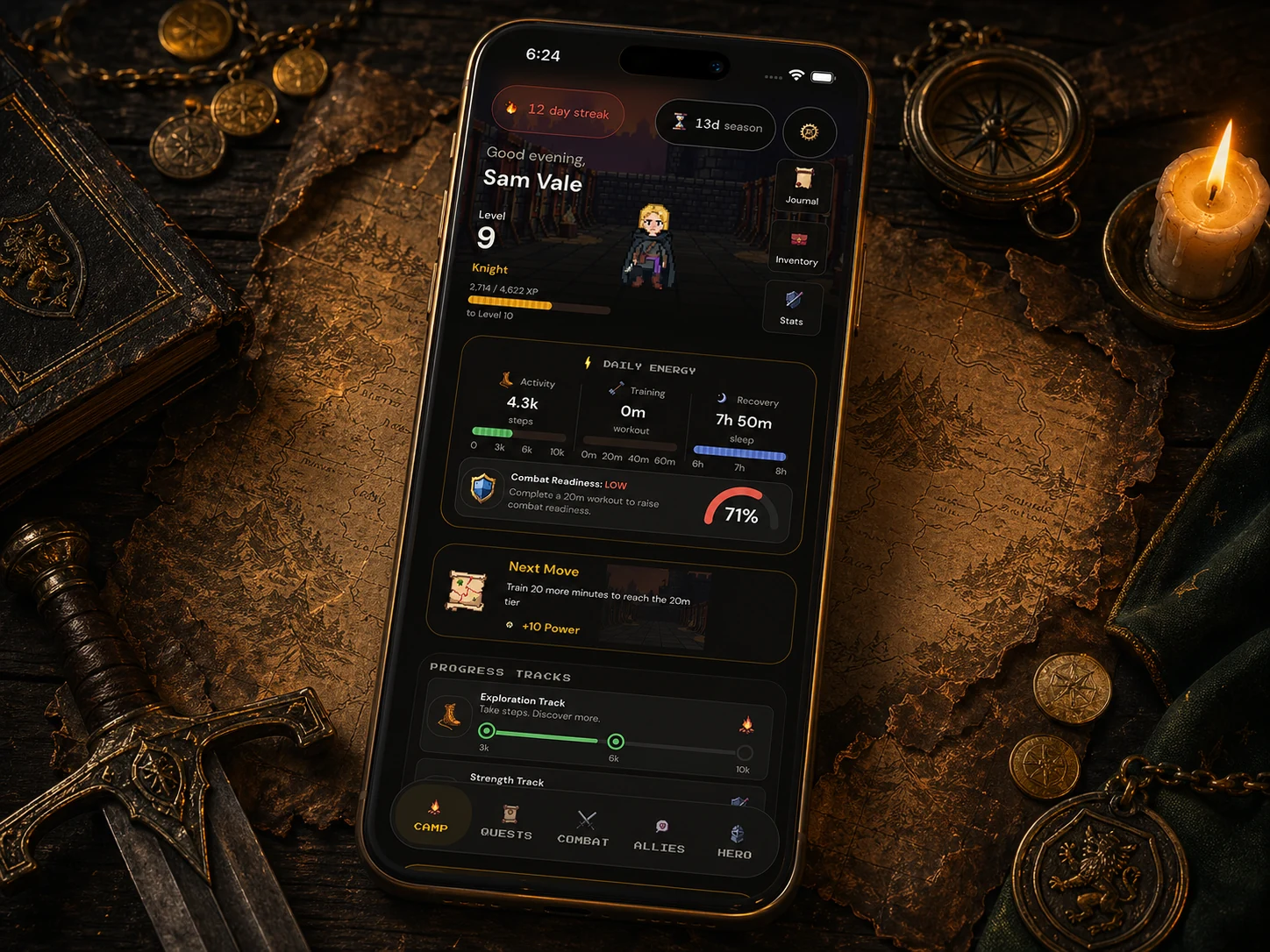 Current Fitscape home screen showing a character, daily activity, recovery, and progress tracks.