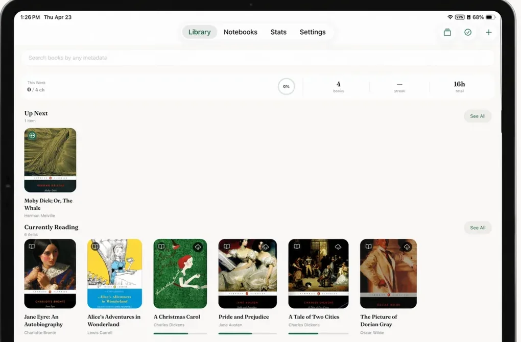 Lumen library on iPad with imported EPUB books.