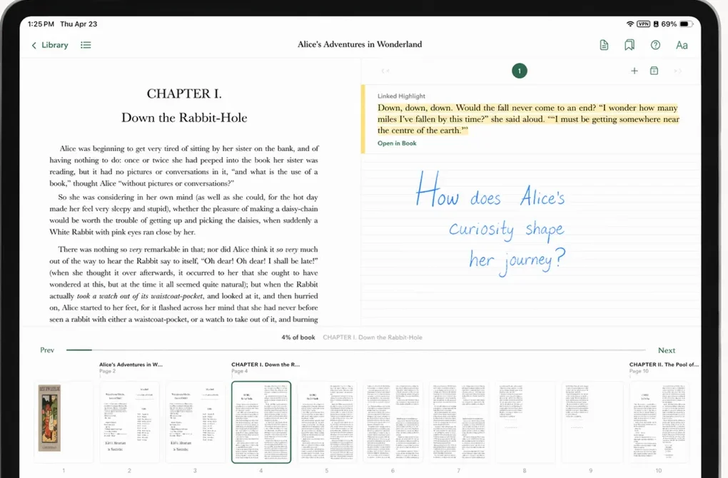 Lumen reading view on iPad with handwritten notes connected to an EPUB passage.