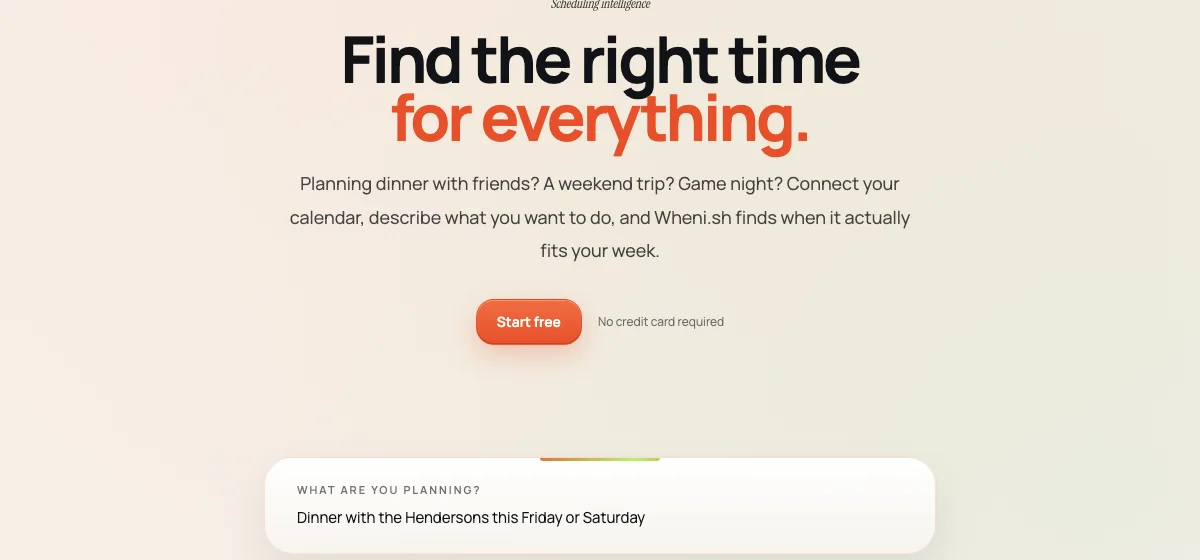 Wheni.sh homepage with a field for describing a plan in plain language.