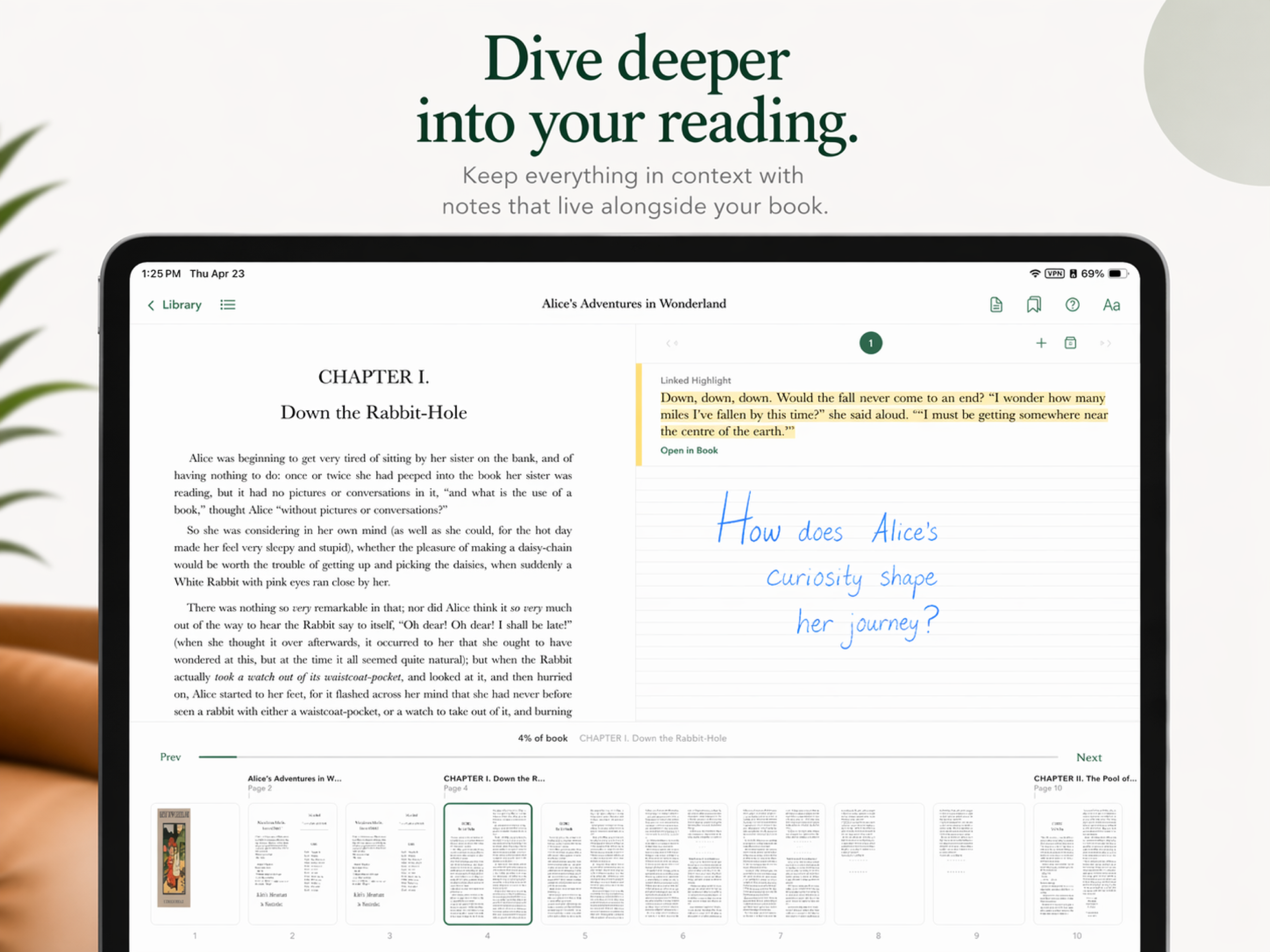 Lumen reading view on iPad with a highlighted passage and a linked handwritten note